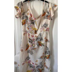 Cotton On Tropical Floral Cold Shoulder Ruffle Dress Ivory Pink Orange Size M